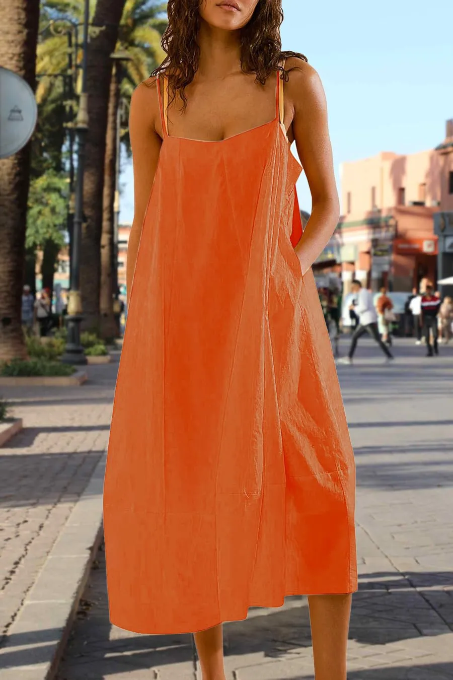 Chouyatou Womens Summer Dresses Sleeveless Spaghetti Strap Lounge Dress Flowy A-Line Midi Dress