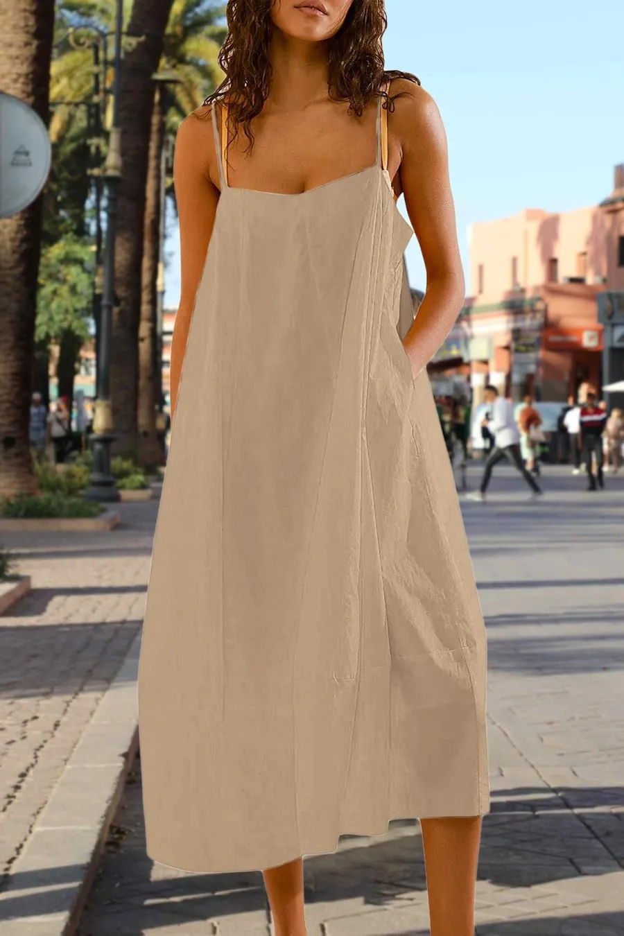 Chouyatou Womens Summer Dresses Sleeveless Spaghetti Strap Lounge Dress Flowy A-Line Midi Dress