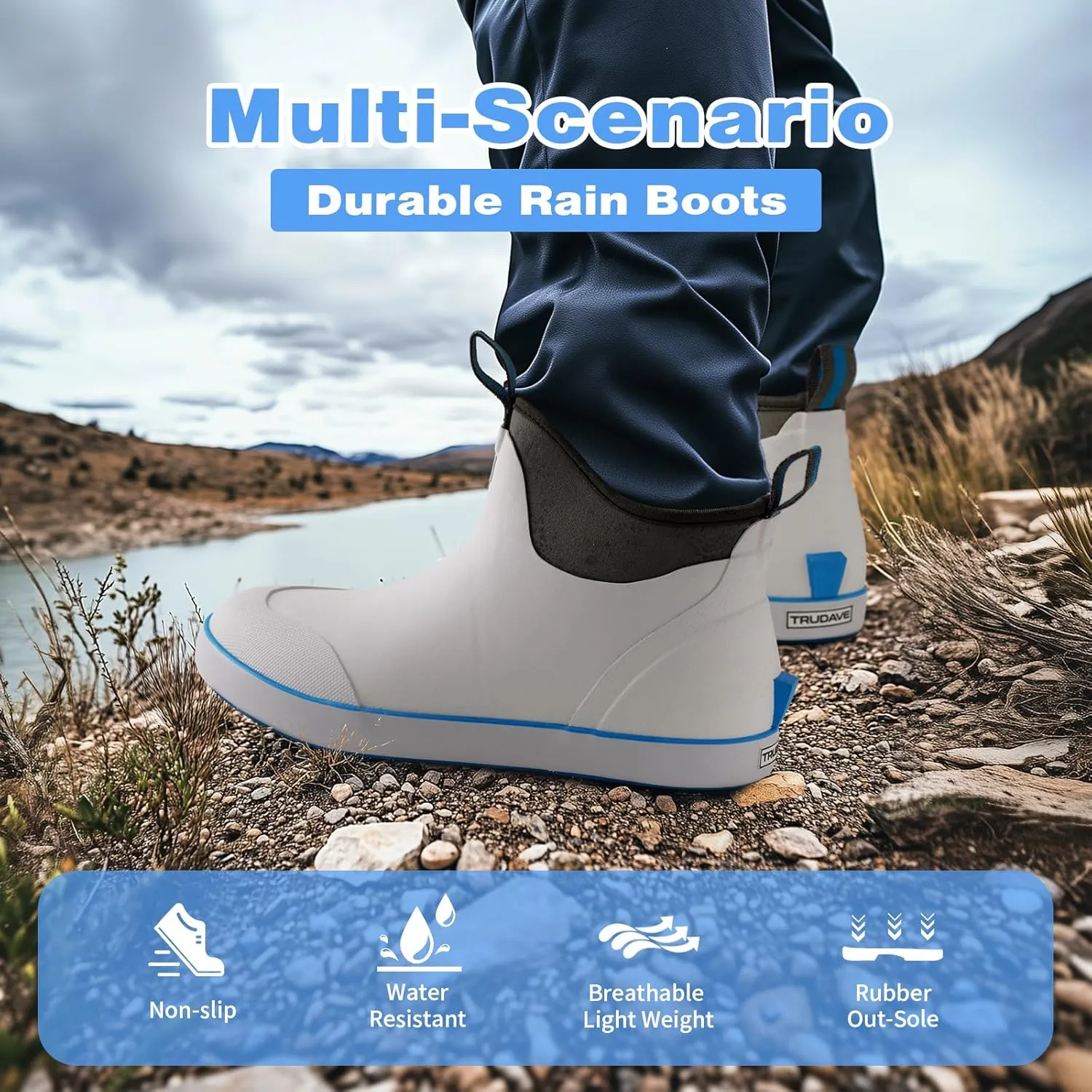 Deck Boots for Men, Waterproof Insulated Mens Rain Boots, Anti-Slip Ankle Fishing Boots, Rubber Boots with High Traction for Outdoor, Size 6-13