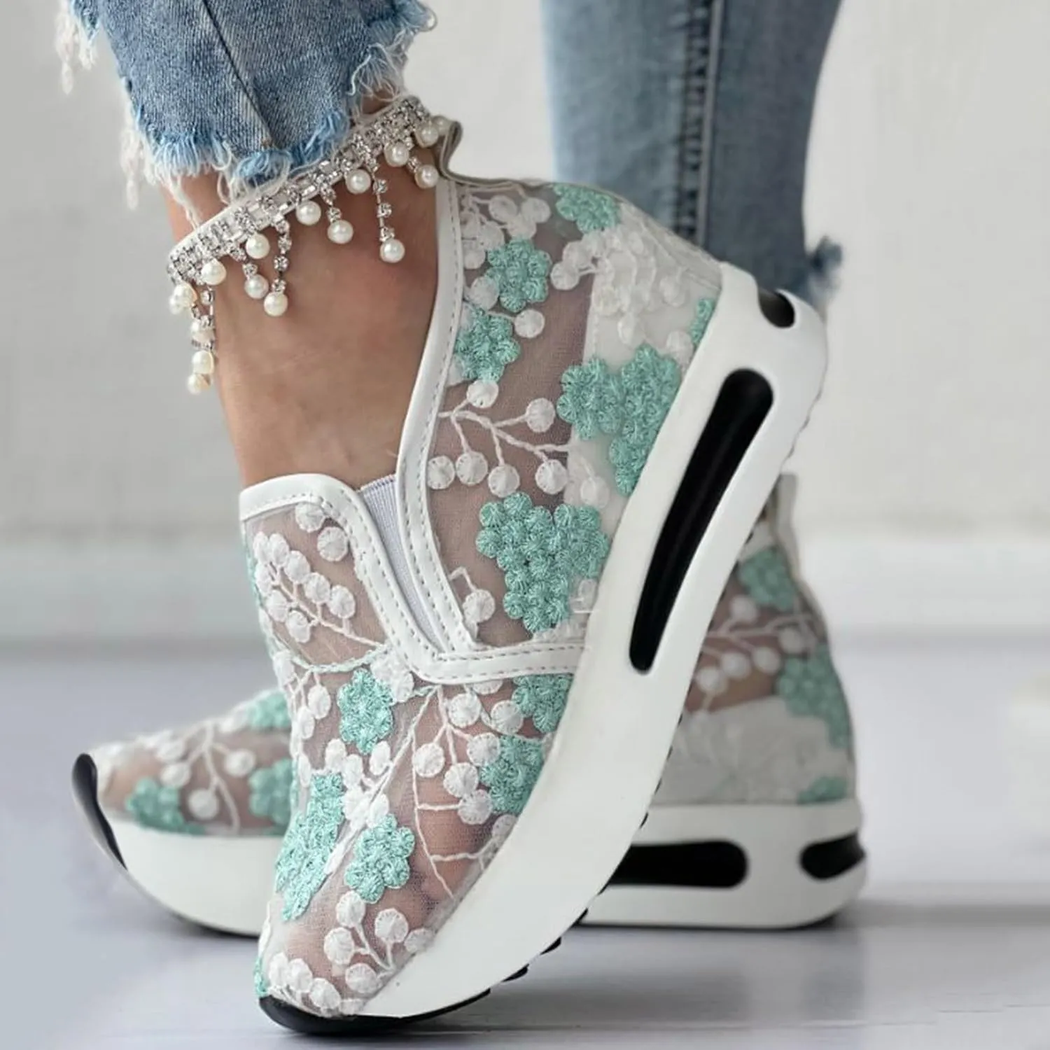 Fashion Sneakers for Women Soft Platform Wedge Shoes Mesh Air Comfort Chunky Sole Slip On Loafers Breathable Walking Work Shoes Arch Support Floral Sheer Mesh Sneaker