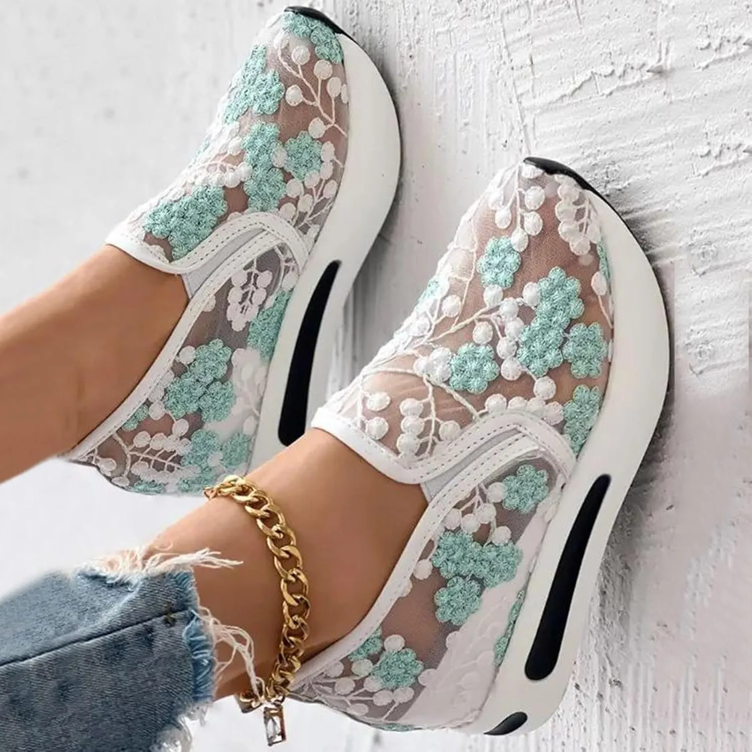 Fashion Sneakers for Women Soft Platform Wedge Shoes Mesh Air Comfort Chunky Sole Slip On Loafers Breathable Walking Work Shoes Arch Support Floral Sheer Mesh Sneaker