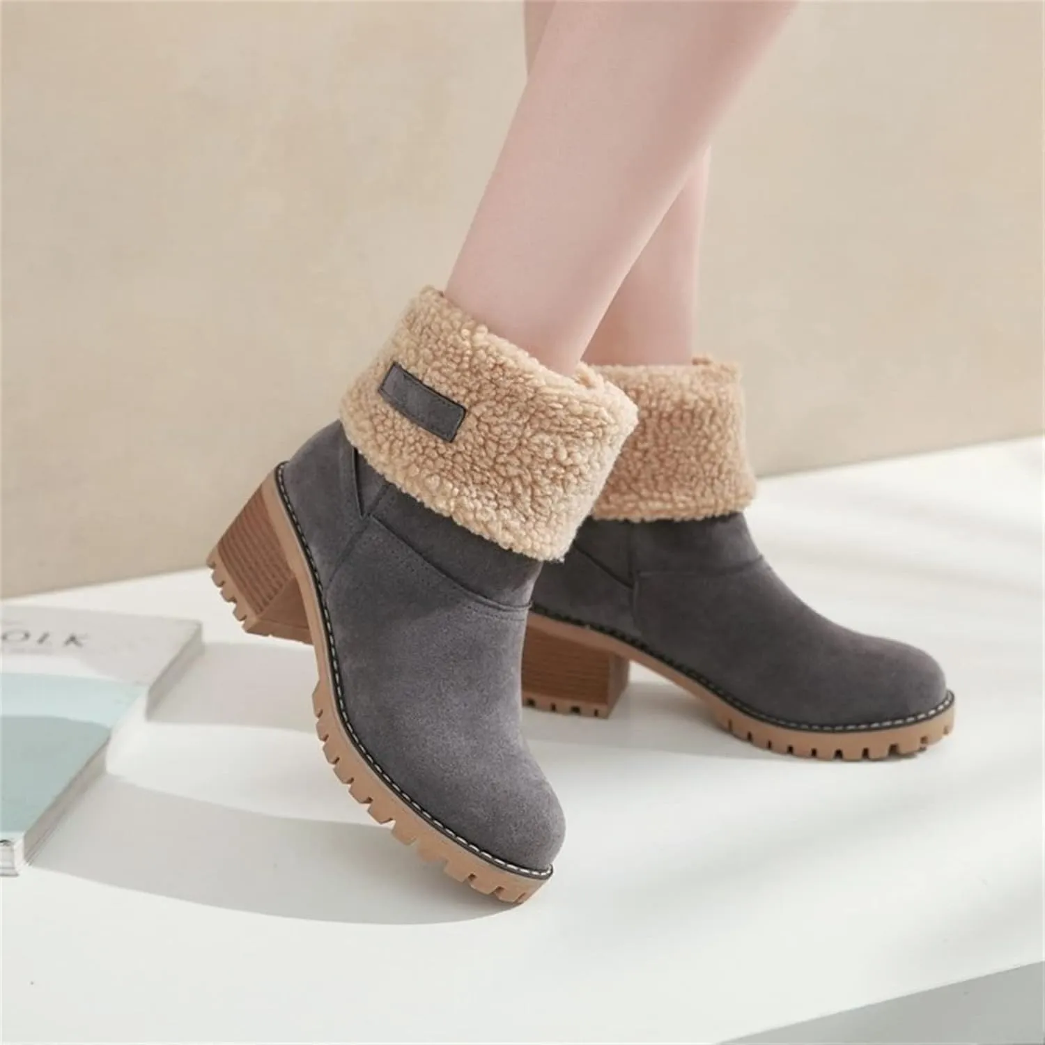 Ladmiple Snow Boots For Women Tall Mid Calf Warm Fur Lined Winter Boots Outdoor Slip On Comfortable Fashion Walking Shoes