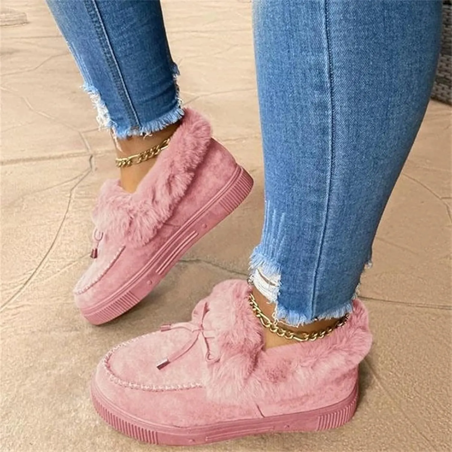 Lausiuoe Winter Fashion Boots For Women 2024 Ankle Boot Slip On Comfortable Snow Fuzzy Booties Casual Fur Lined Loafers Shoes