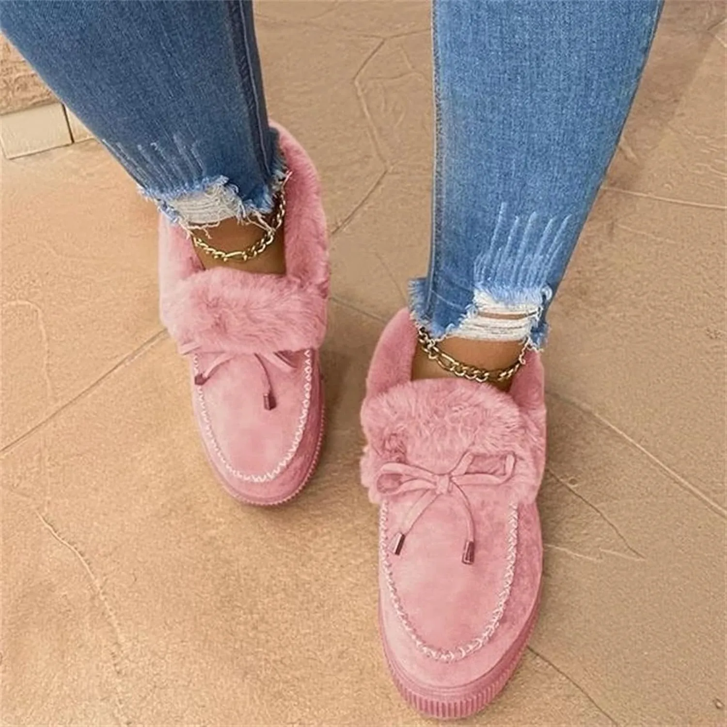 Lausiuoe Winter Fashion Boots For Women 2024 Ankle Boot Slip On Comfortable Snow Fuzzy Booties Casual Fur Lined Loafers Shoes