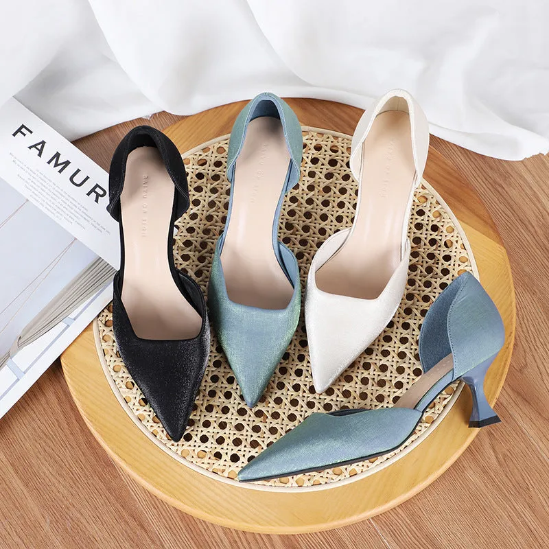 Nude Block Heels Closed Toe Stiletto Heel Women's Spring Satin Comfortable Shoes