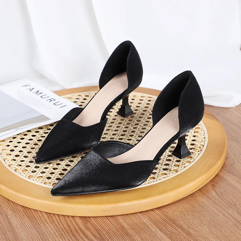 Nude Block Heels Closed Toe Stiletto Heel Women's Spring Satin Comfortable Shoes