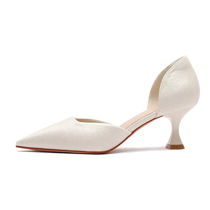 Nude Block Heels Closed Toe Stiletto Heel Women's Spring Satin Comfortable Shoes