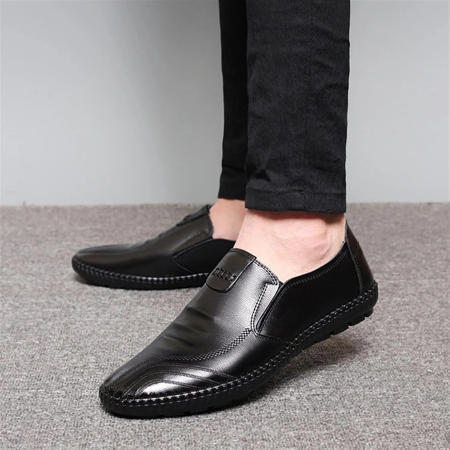 Shoes Smoking Loafer for Men Genuine Leather Stitching Details Round Toe Breathable Lightweight Flat Heel Resistant Anti-Slip Flexible Driving for Any Attire
