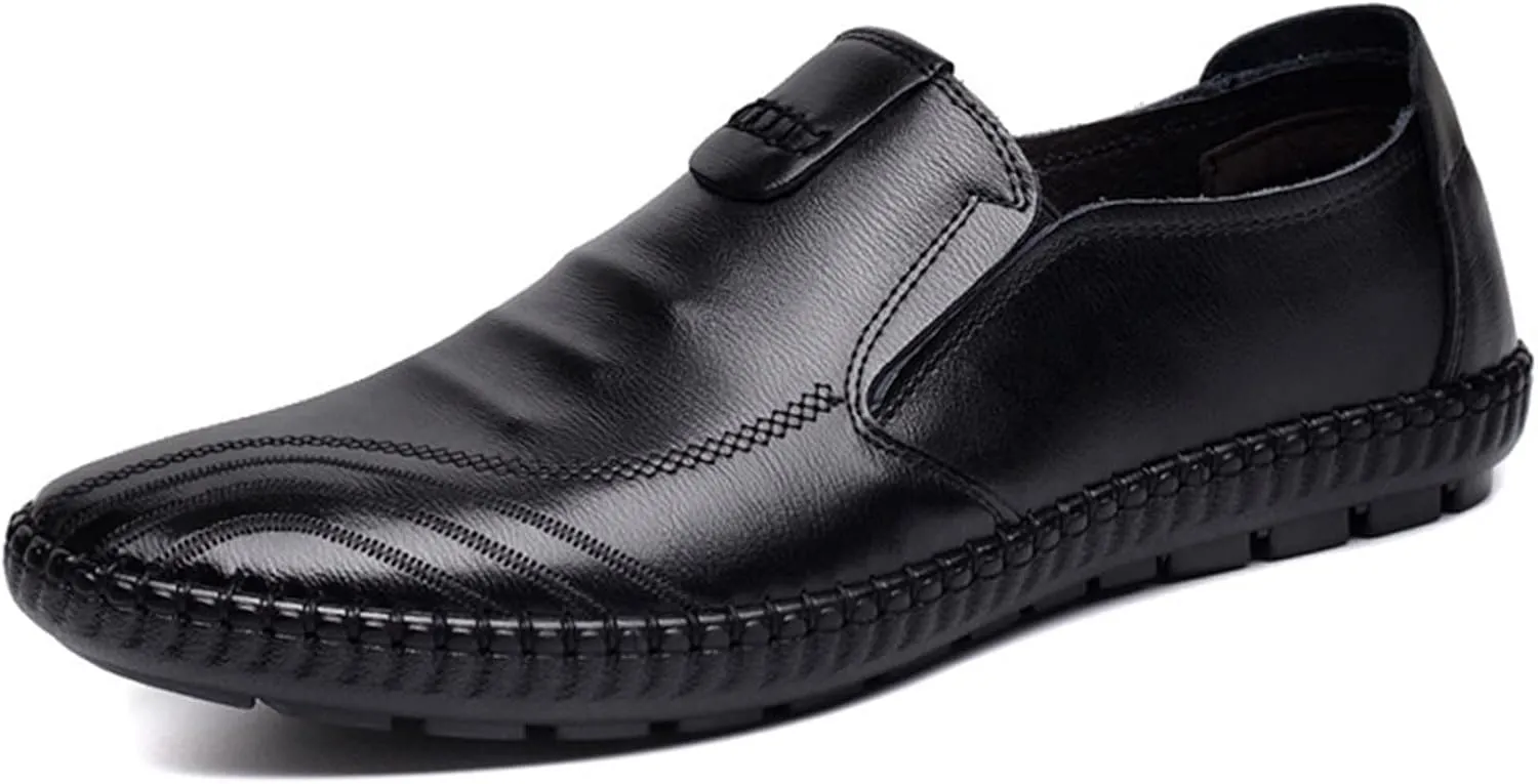 Shoes Smoking Loafer for Men Genuine Leather Stitching Details Round Toe Breathable Lightweight Flat Heel Resistant Anti-Slip Flexible Driving for Any Attire