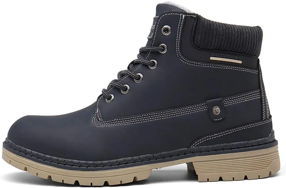 SKDOIUL Mens Winter Snow Boots Leather Ankle Walking Shoes with Warm Fur