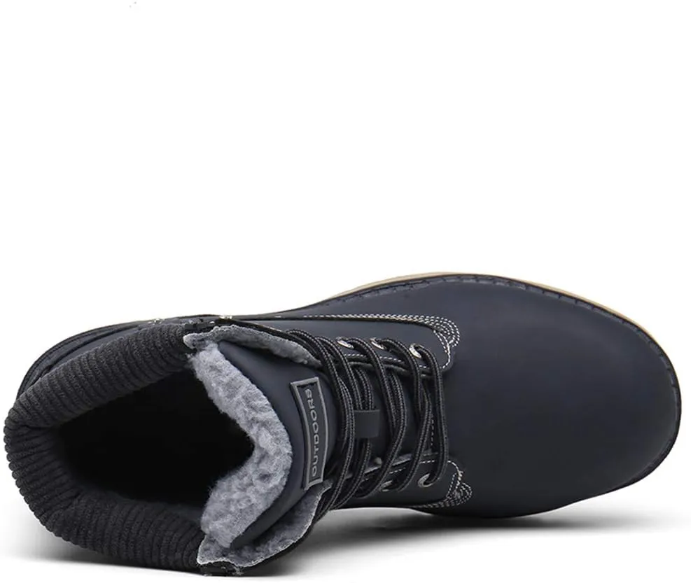 SKDOIUL Mens Winter Snow Boots Leather Ankle Walking Shoes with Warm Fur