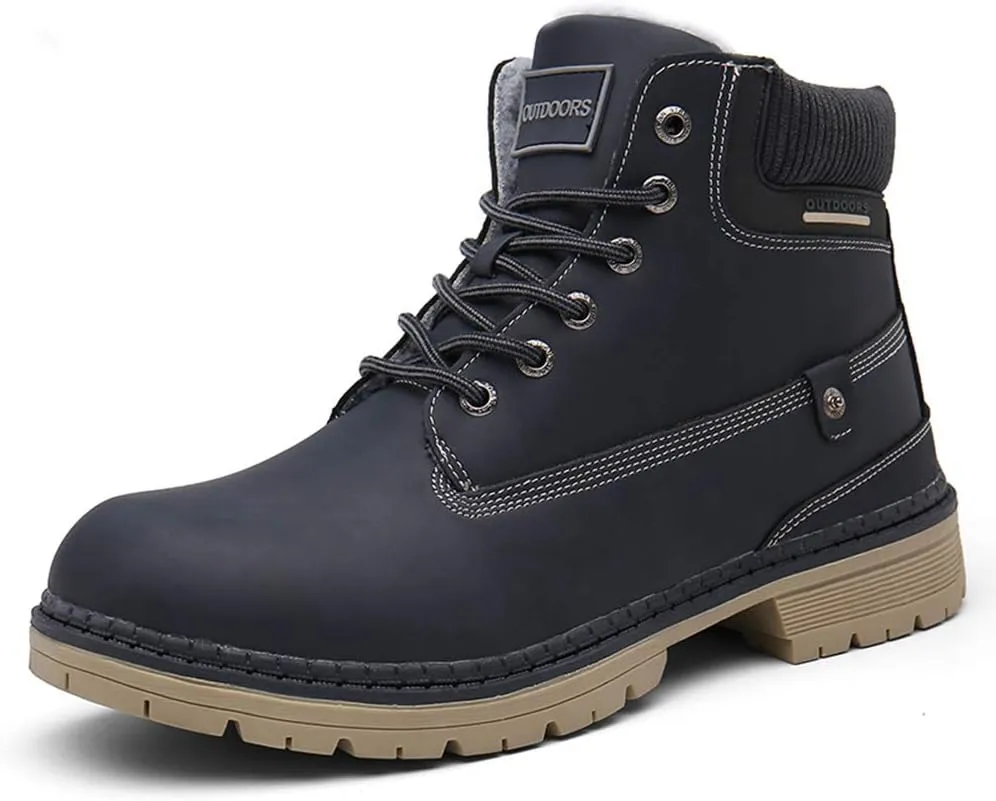 SKDOIUL Mens Winter Snow Boots Leather Ankle Walking Shoes with Warm Fur