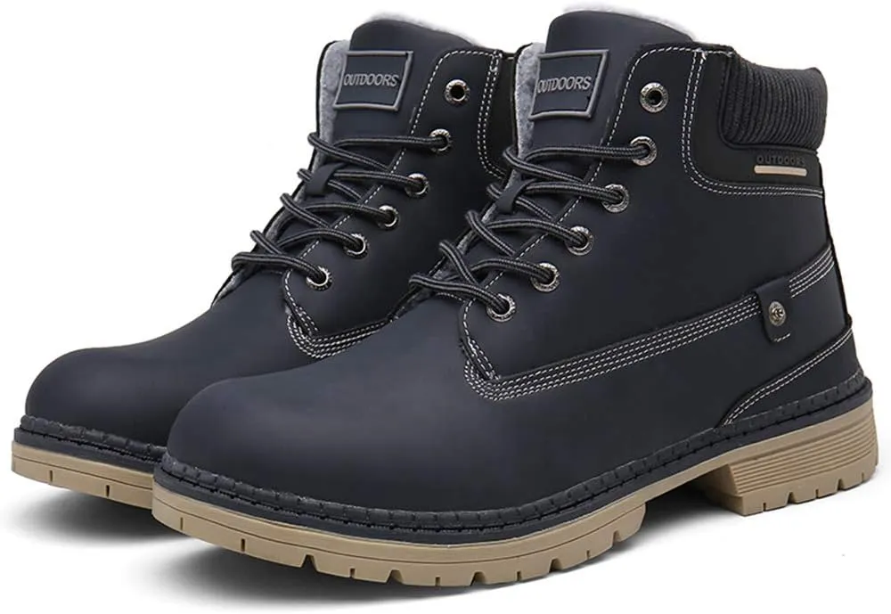 SKDOIUL Mens Winter Snow Boots Leather Ankle Walking Shoes with Warm Fur