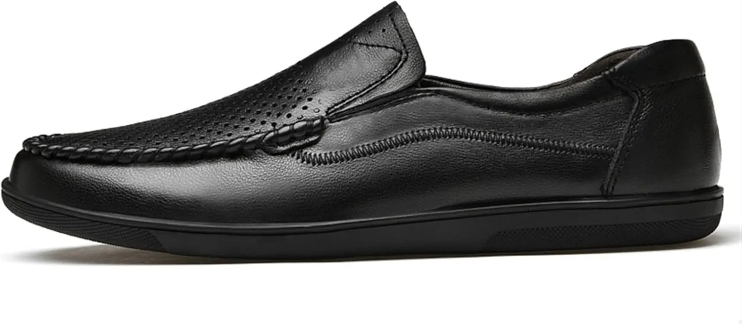 Smoking Loafer for Men Genuine Leather Stitching Details Round Toe Perforated Option Flat Heel Flexible Anti-Slip Lightweight Resistant Driving for Any Attire