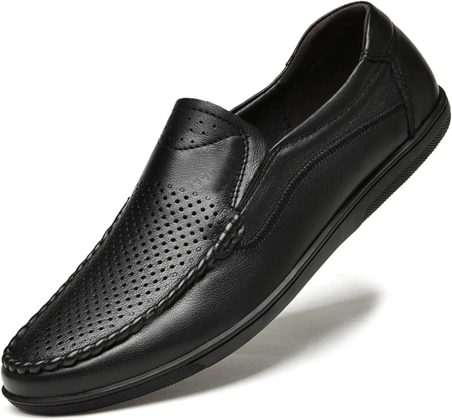 Smoking Loafer for Men Genuine Leather Stitching Details Round Toe Perforated Option Flat Heel Flexible Anti-Slip Lightweight Resistant Driving for Any Attire