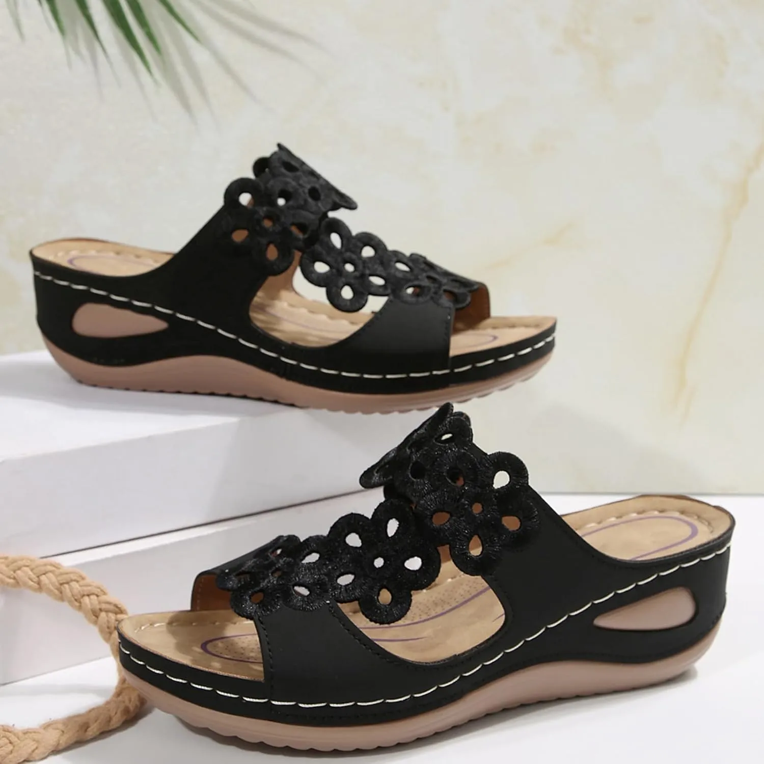 Wedge Sandals for Women Arch Support Slides Orthotic Walking Sandals Slip On Low Wedge Beach Breathable Shoes Dressy Summer Casual Sandal Comfortable Open Toe Shoe