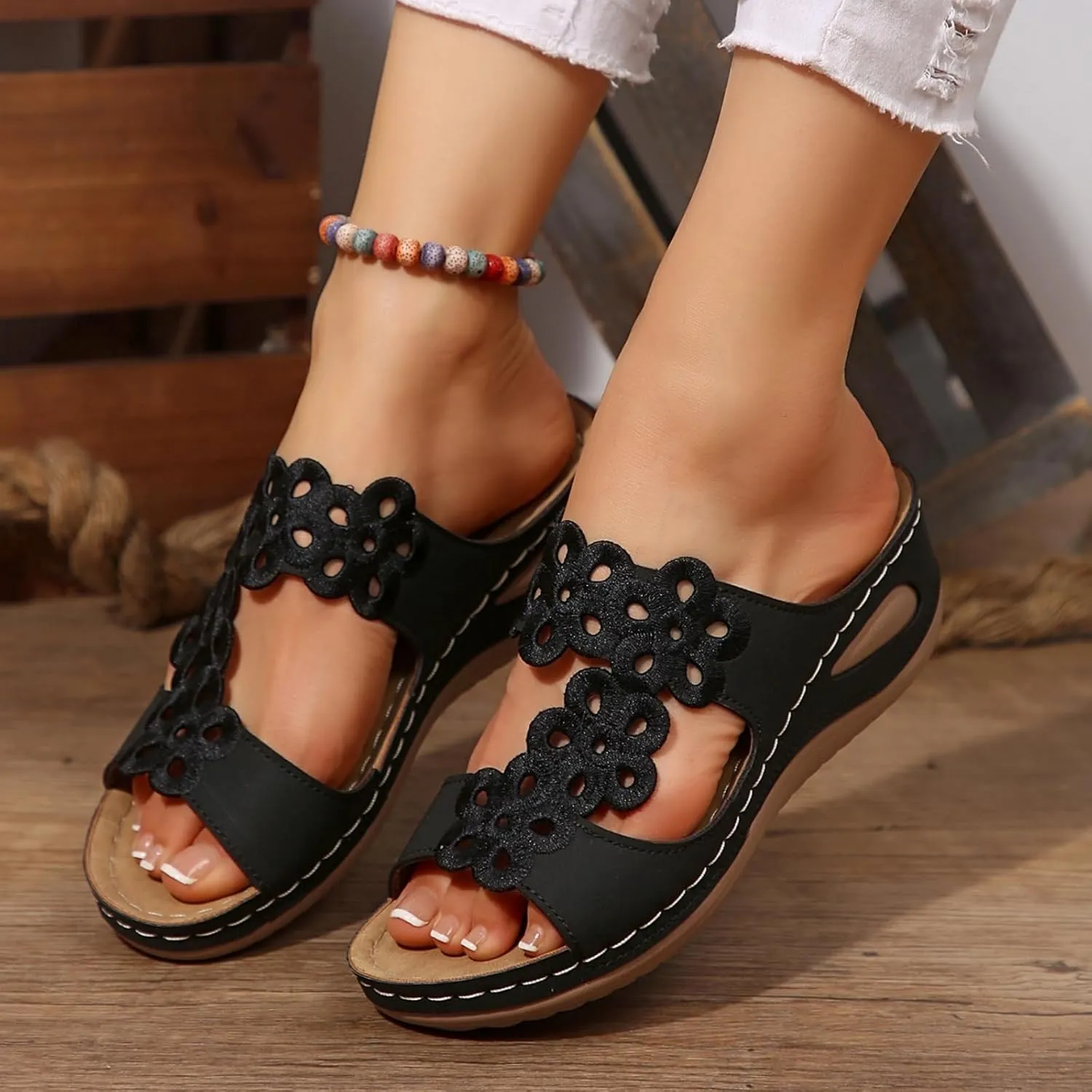 Wedge Sandals for Women Arch Support Slides Orthotic Walking Sandals Slip On Low Wedge Beach Breathable Shoes Dressy Summer Casual Sandal Comfortable Open Toe Shoe