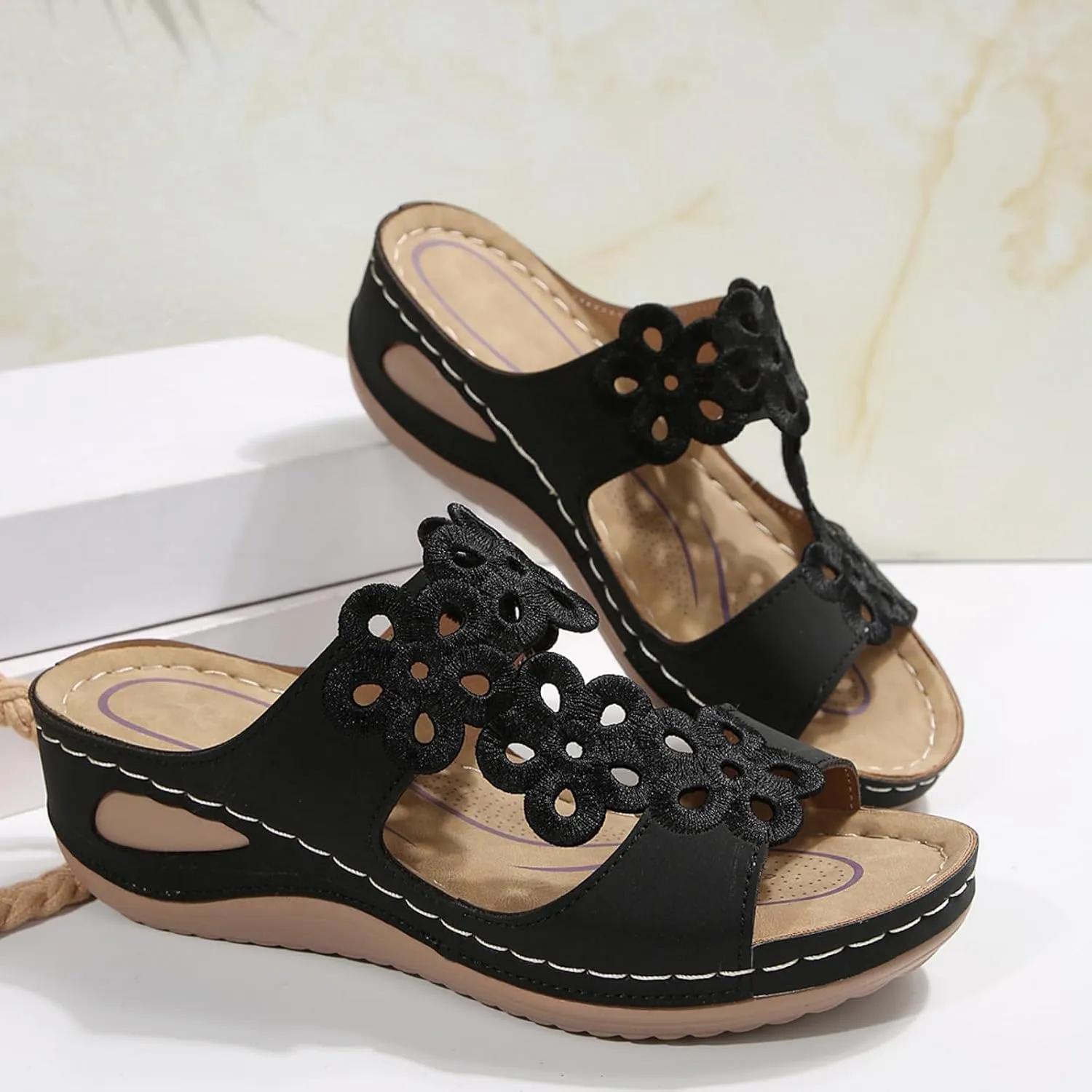 Wedge Sandals for Women Arch Support Slides Orthotic Walking Sandals Slip On Low Wedge Beach Breathable Shoes Dressy Summer Casual Sandal Comfortable Open Toe Shoe