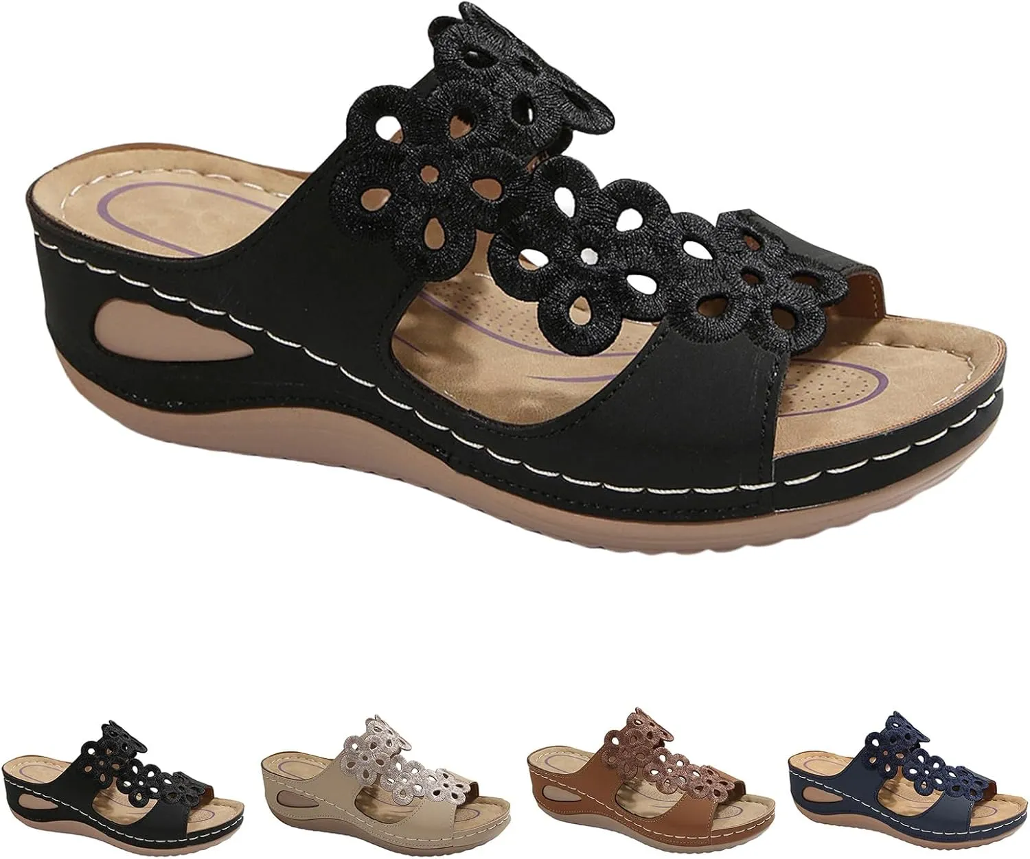 Wedge Sandals for Women Arch Support Slides Orthotic Walking Sandals Slip On Low Wedge Beach Breathable Shoes Dressy Summer Casual Sandal Comfortable Open Toe Shoe