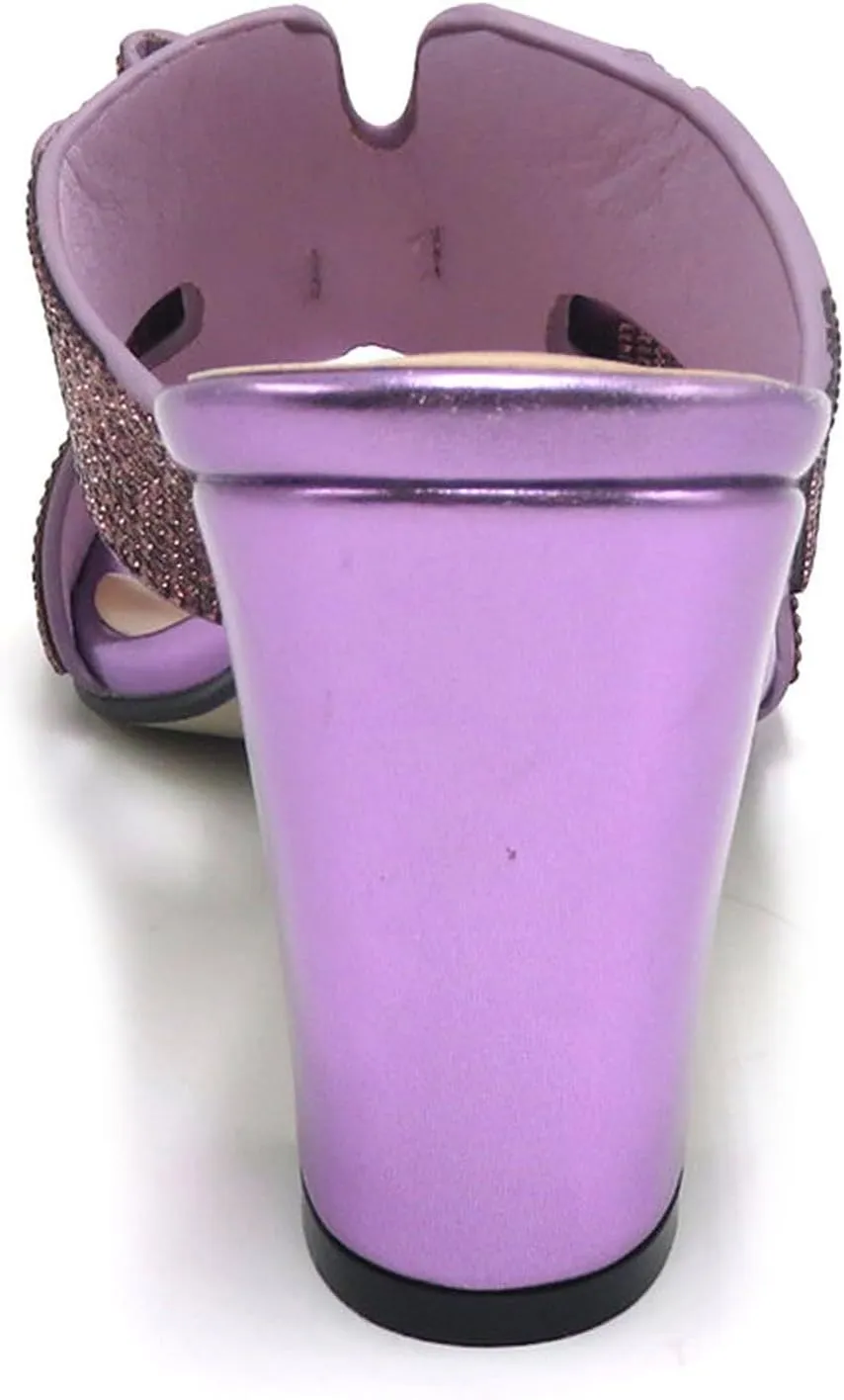 Women Rhinestone Heels Sandals Chunky Block Heels Slip on Sandals
