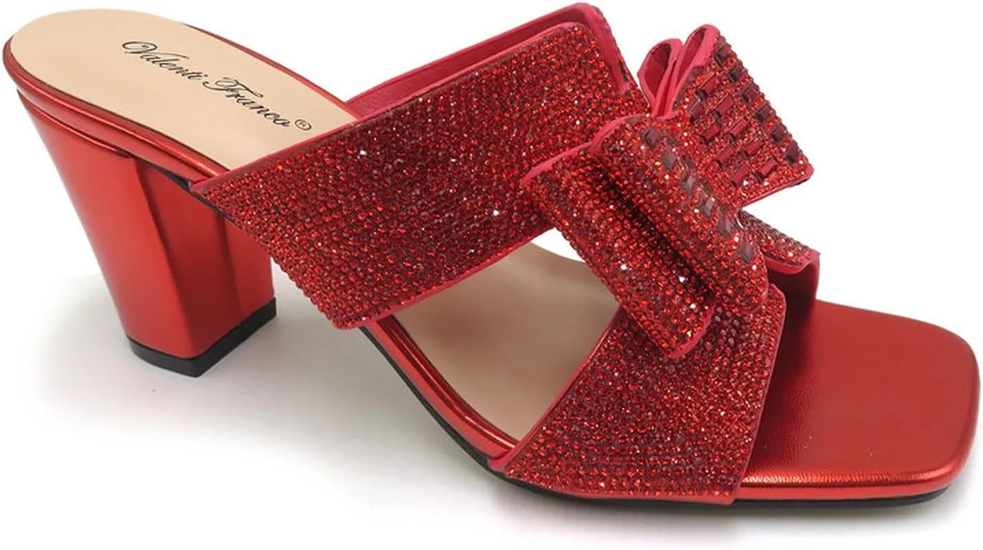 Women Rhinestone Heels Sandals Chunky Block Heels Slip on Sandals