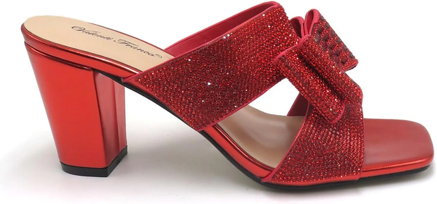 Women Rhinestone Heels Sandals Chunky Block Heels Slip on Sandals