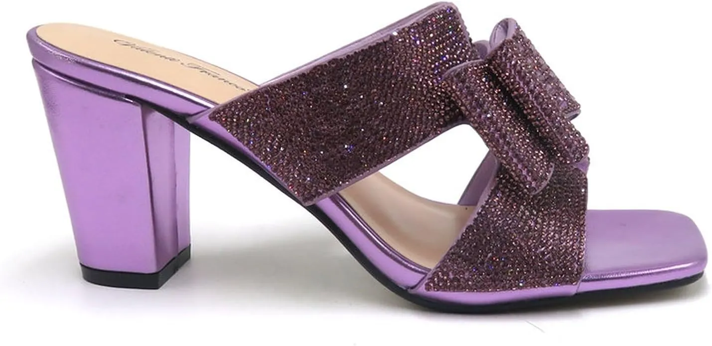 Women Rhinestone Heels Sandals Chunky Block Heels Slip on Sandals