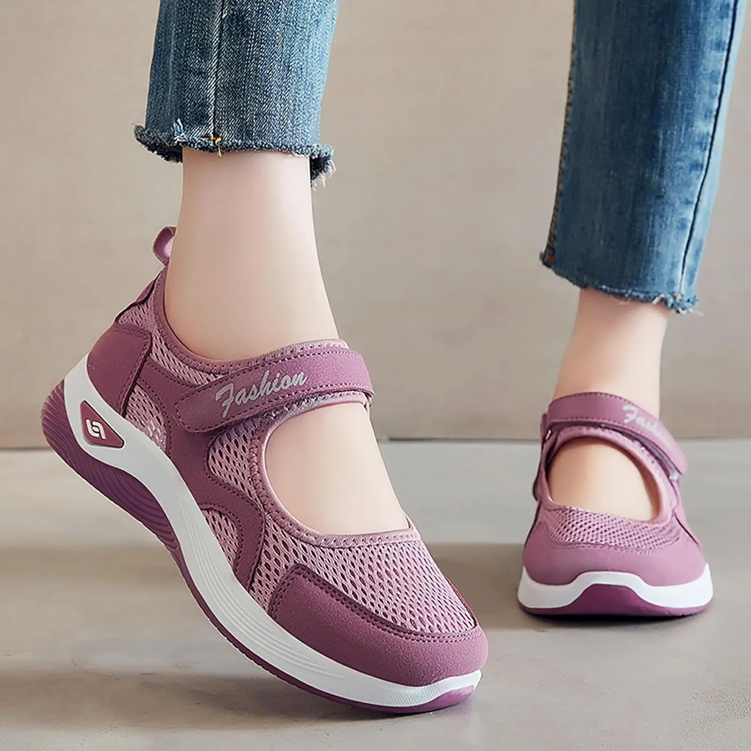 Womens Casual Sneakers Lightweight Flat Mary Jane Shoes Ladies Fashion Adjustable Easy On and Off Strap Working Nurse Shoes Mesh Breathable Walking Sneakers