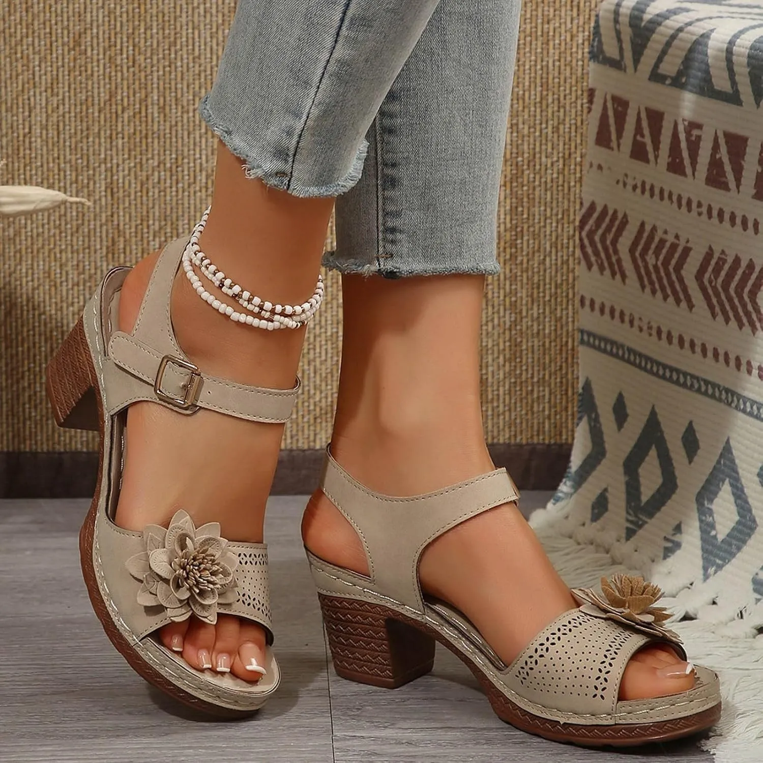 Women'S Slingback Platform Heels Chunky High Heel Sandals Summer Casual Flower Hollow Out Classic Breathable Sandal Beach Ankle Strap Dressy Outdoor Party Working Shoes