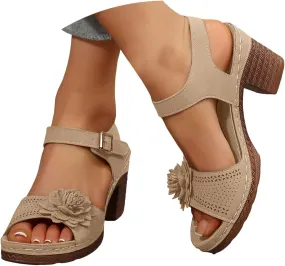 Women'S Slingback Platform Heels Chunky High Heel Sandals Summer Casual Flower Hollow Out Classic Breathable Sandal Beach Ankle Strap Dressy Outdoor Party Working Shoes