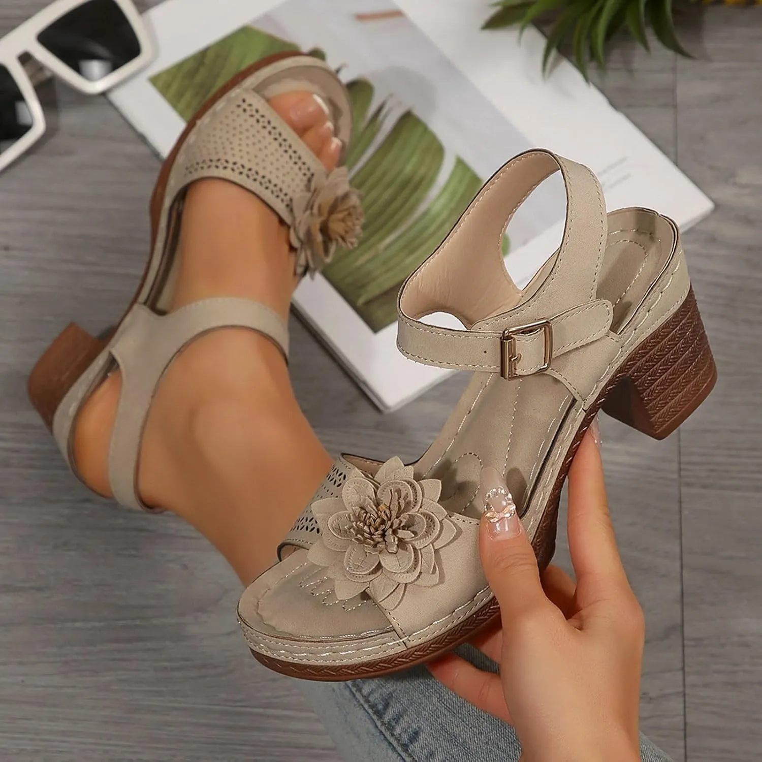 Women'S Slingback Platform Heels Chunky High Heel Sandals Summer Casual Flower Hollow Out Classic Breathable Sandal Beach Ankle Strap Dressy Outdoor Party Working Shoes