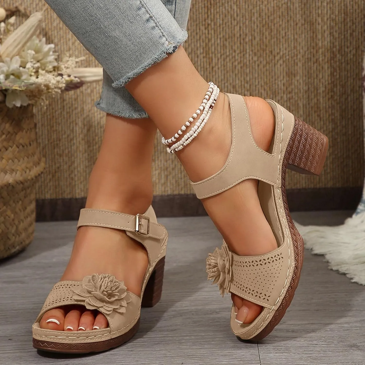 Women'S Slingback Platform Heels Chunky High Heel Sandals Summer Casual Flower Hollow Out Classic Breathable Sandal Beach Ankle Strap Dressy Outdoor Party Working Shoes