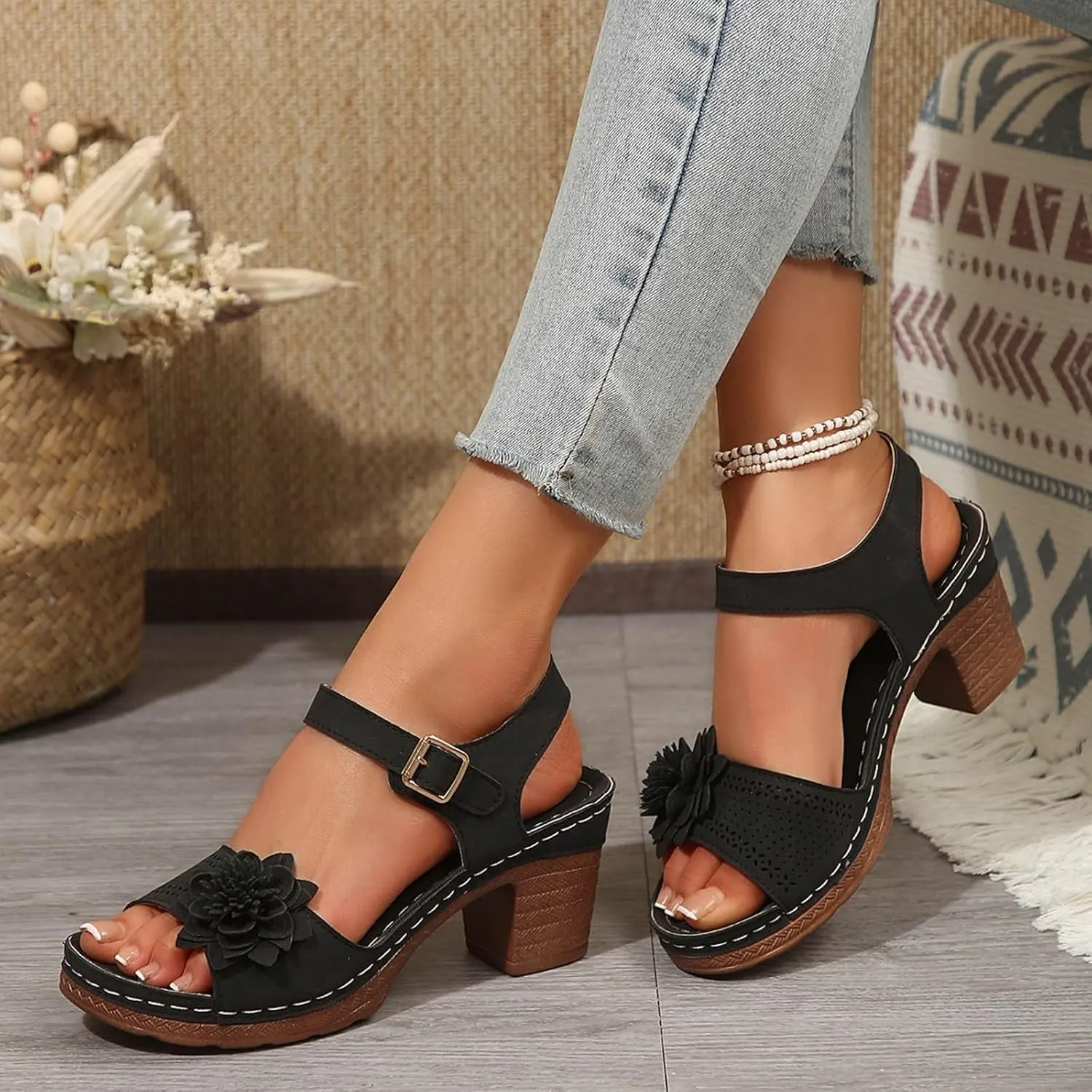ZSpzx Summer Sandals For Women 2025,Women's Chunky Block Mid Heels Platform Open Toe Slip On Womens Ankle Strap Heel Dress Straps Hollow Out Flowers Comfortable Sandal Adjustable Walking Shoes