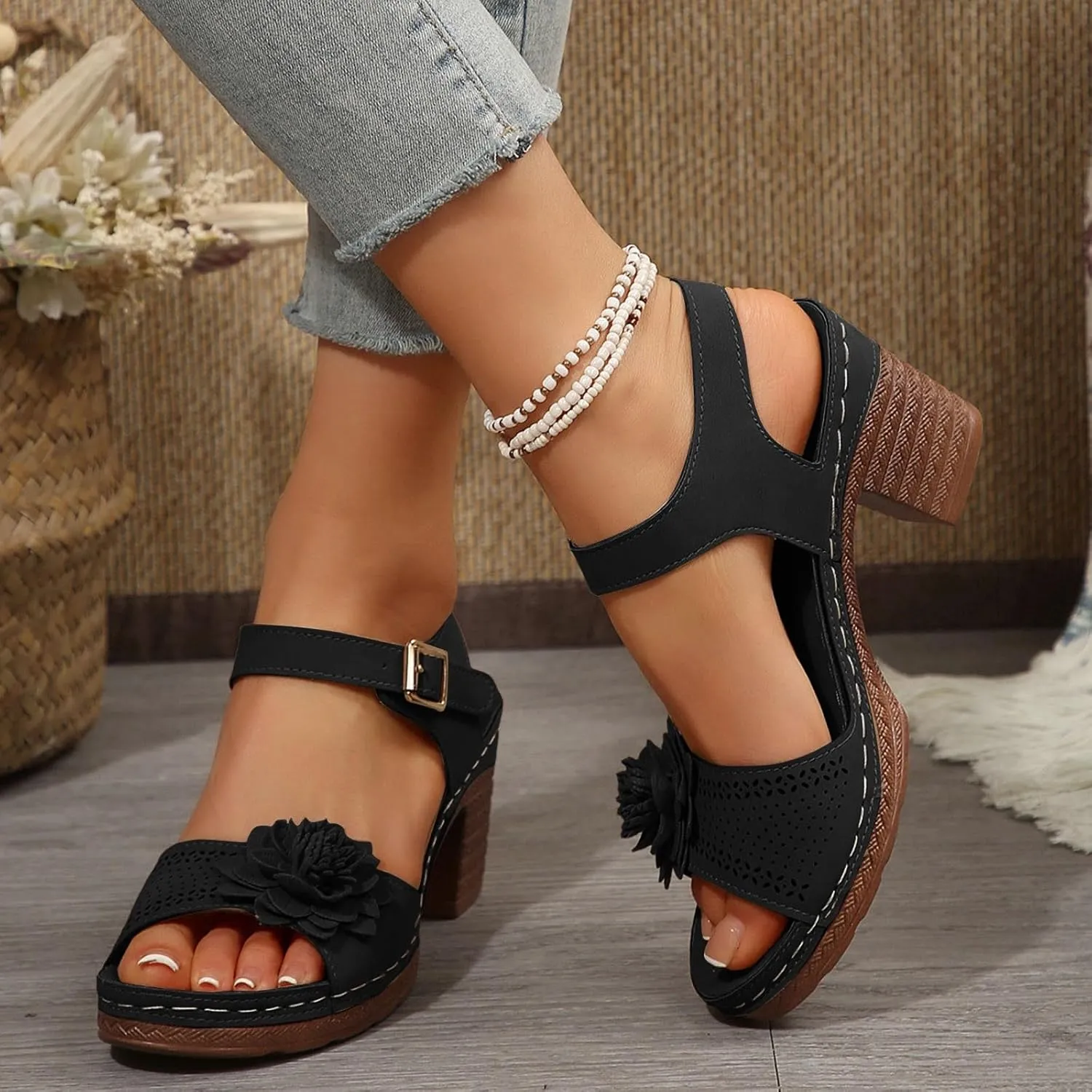 ZSpzx Summer Sandals For Women 2025,Women's Chunky Block Mid Heels Platform Open Toe Slip On Womens Ankle Strap Heel Dress Straps Hollow Out Flowers Comfortable Sandal Adjustable Walking Shoes