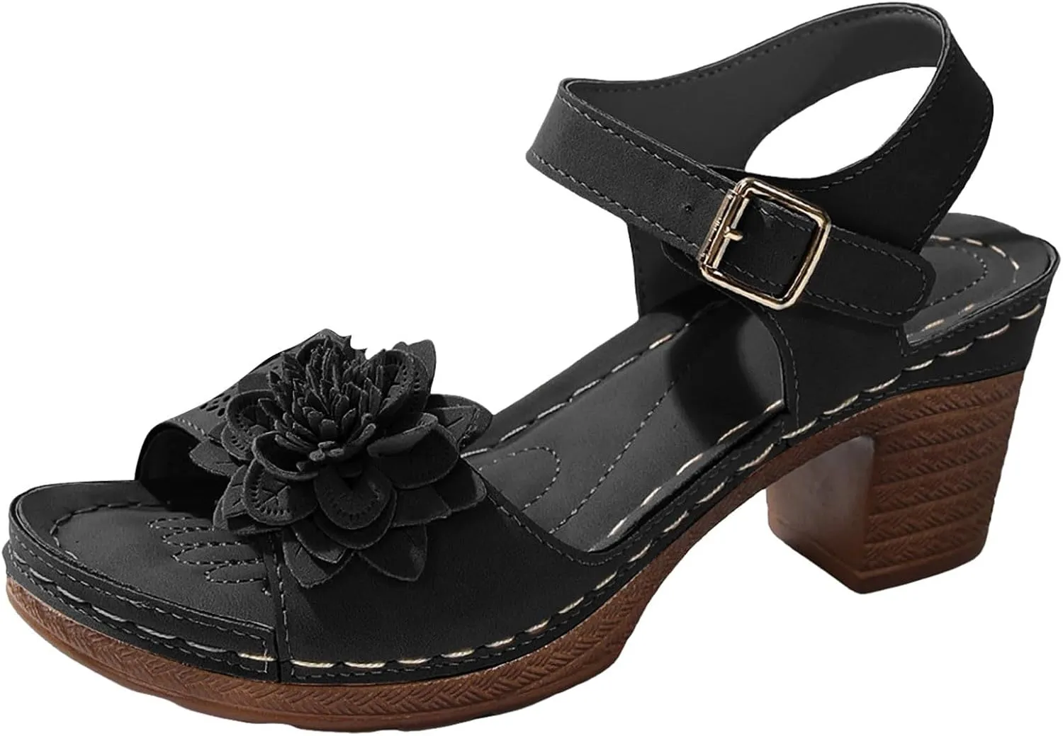 ZSpzx Summer Sandals For Women 2025,Women's Chunky Block Mid Heels Platform Open Toe Slip On Womens Ankle Strap Heel Dress Straps Hollow Out Flowers Comfortable Sandal Adjustable Walking Shoes