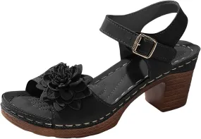 ZSpzx Summer Sandals For Women 2025,Women's Chunky Block Mid Heels Platform Open Toe Slip On Womens Ankle Strap Heel Dress Straps Hollow Out Flowers Comfortable Sandal Adjustable Walking Shoes
