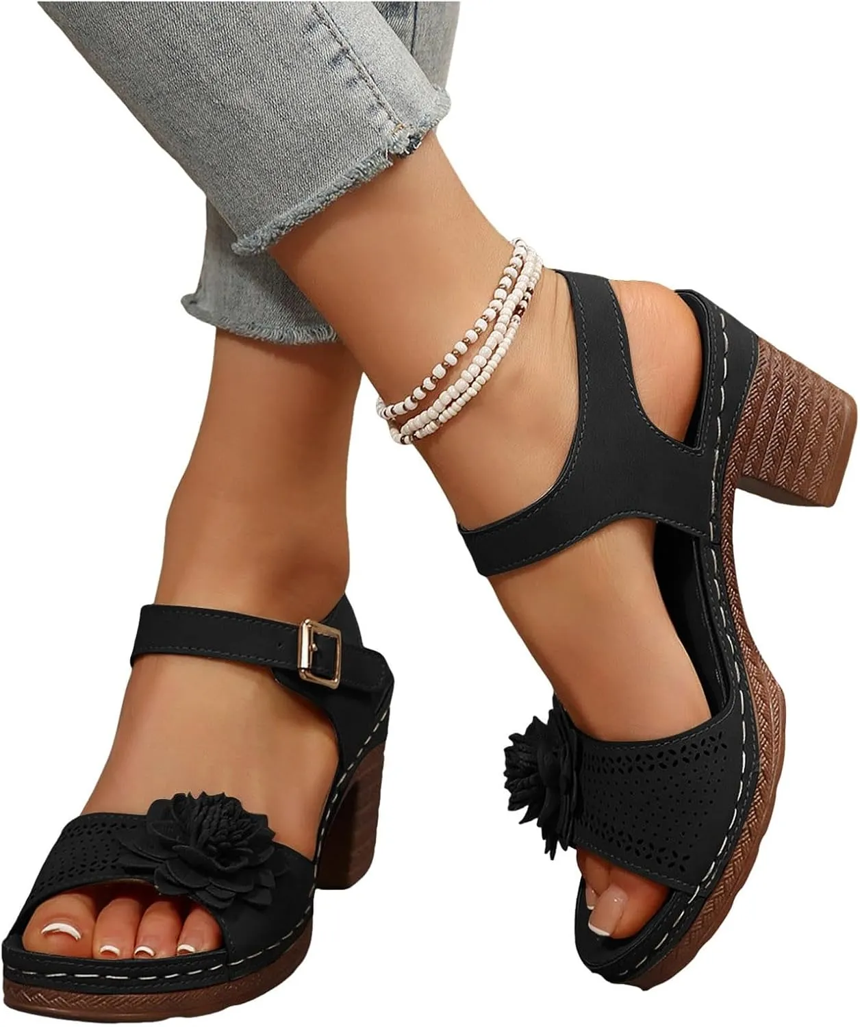 ZSpzx Summer Sandals For Women 2025,Women's Chunky Block Mid Heels Platform Open Toe Slip On Womens Ankle Strap Heel Dress Straps Hollow Out Flowers Comfortable Sandal Adjustable Walking Shoes