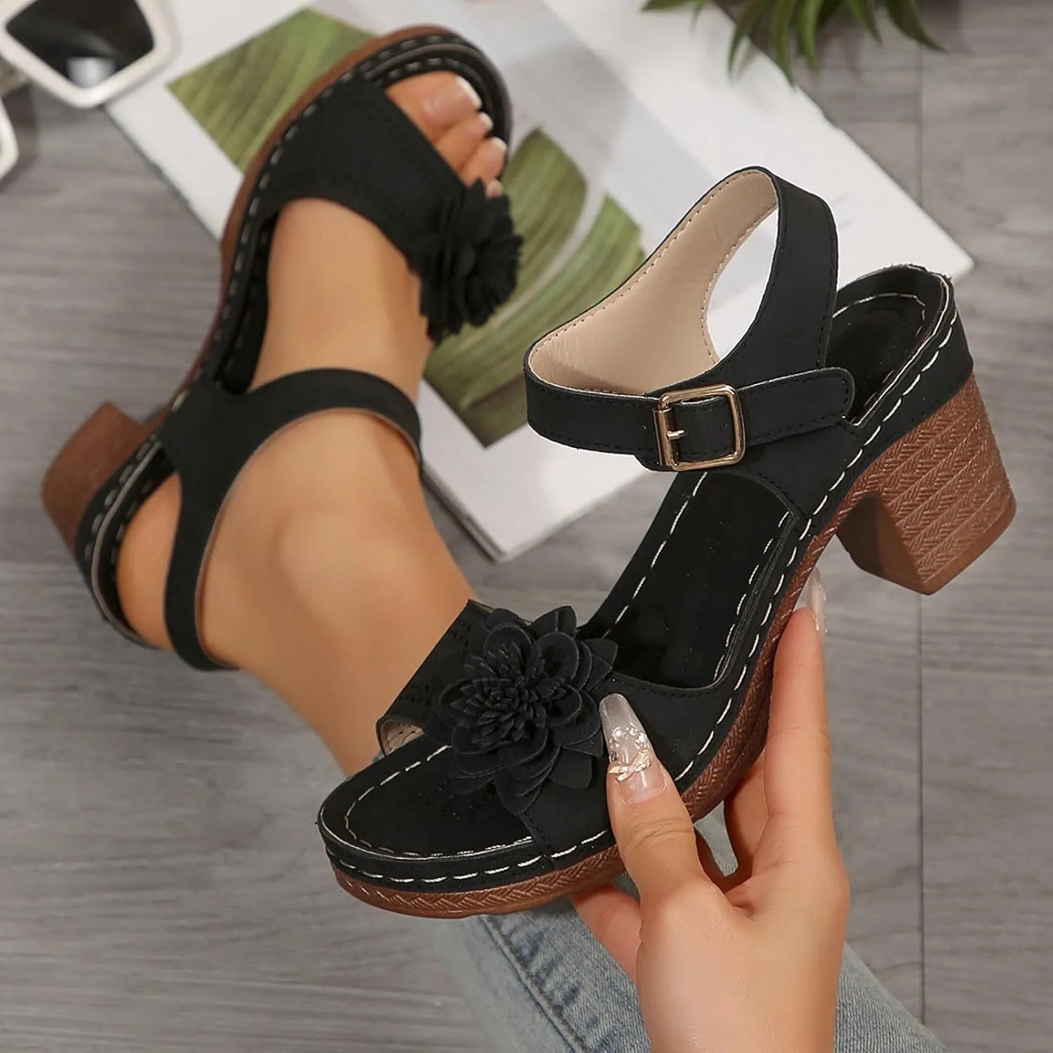 ZSpzx Summer Sandals For Women 2025,Women's Chunky Block Mid Heels Platform Open Toe Slip On Womens Ankle Strap Heel Dress Straps Hollow Out Flowers Comfortable Sandal Adjustable Walking Shoes